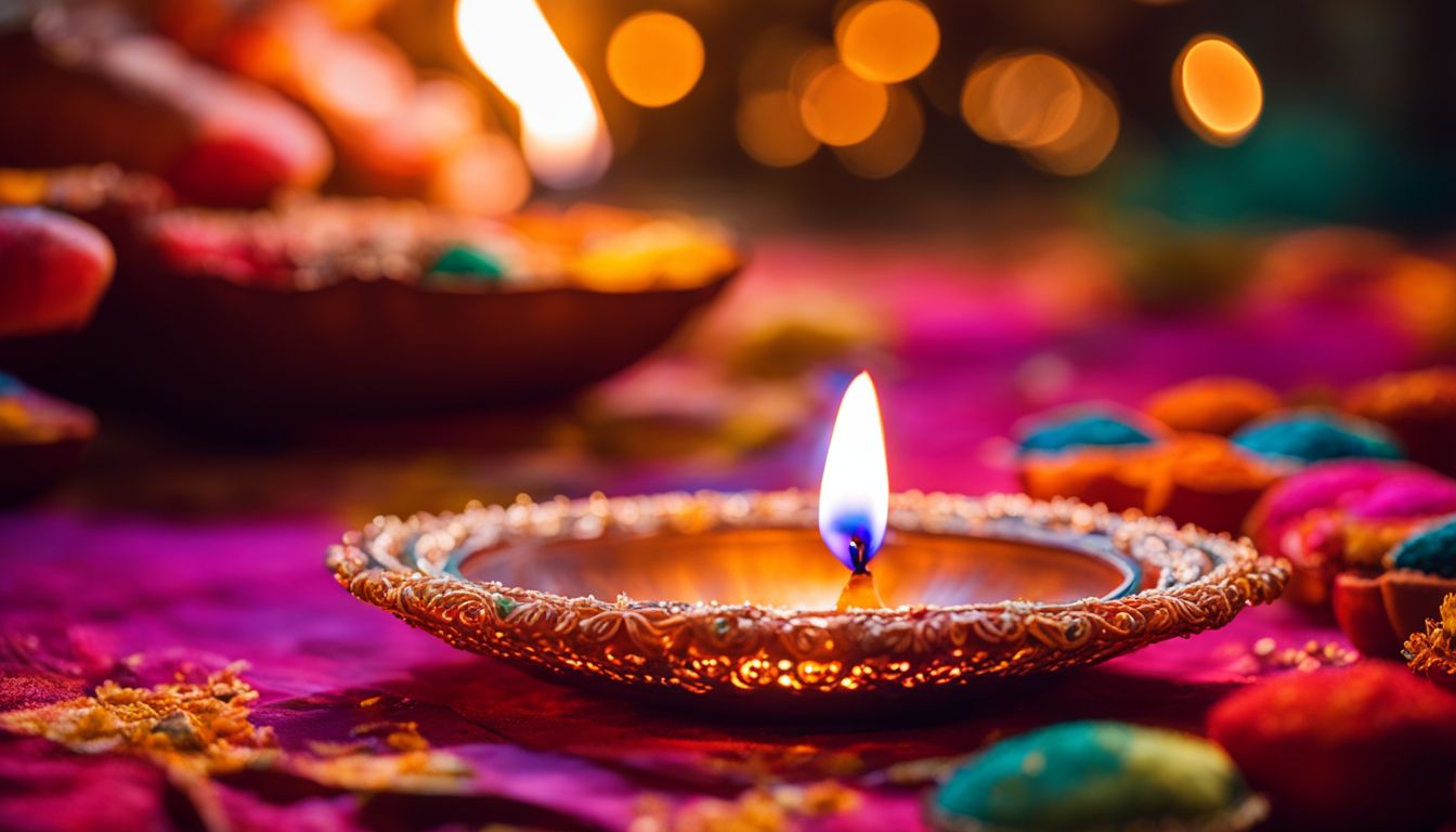 A stunningly vibrant photo of a traditional Diwali diya amidst a diverse and busy atmosphere.