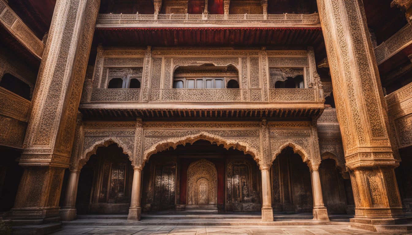 The Tajhat Palace's grand entrance showcases intricate architectural details in a bustling and diverse atmosphere.