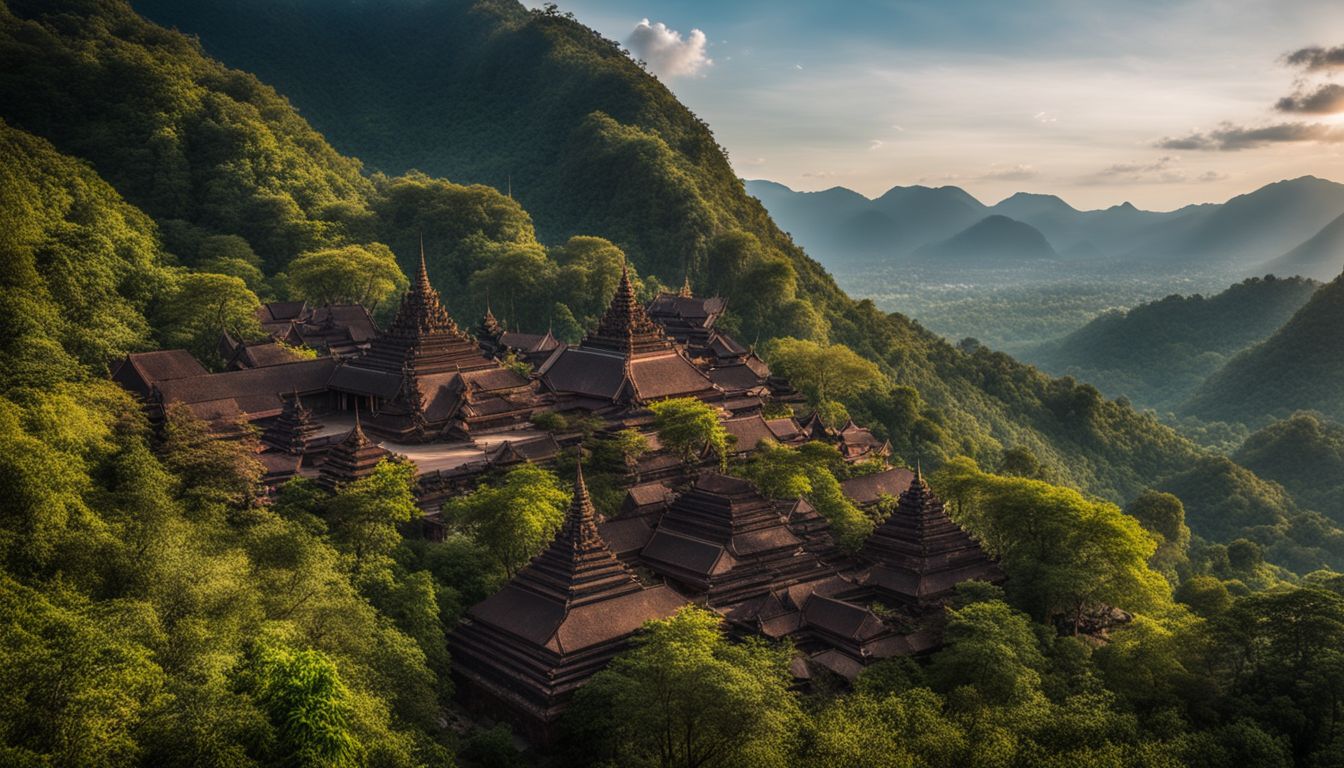 A panoramic photo of Wat Phu Tok surrounded by mountains and lush greenery, showcasing its vibrant atmosphere and stunning surroundings.