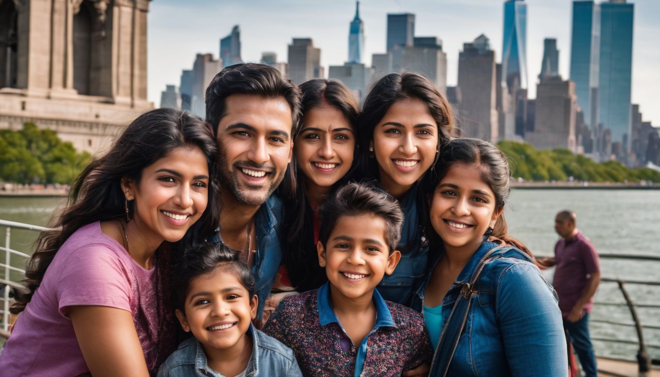 An excited Bangladeshi family visiting the Statue of Liberty in a bustling atmosphere, showcasing diverse faces, hairstyles, and outfits.