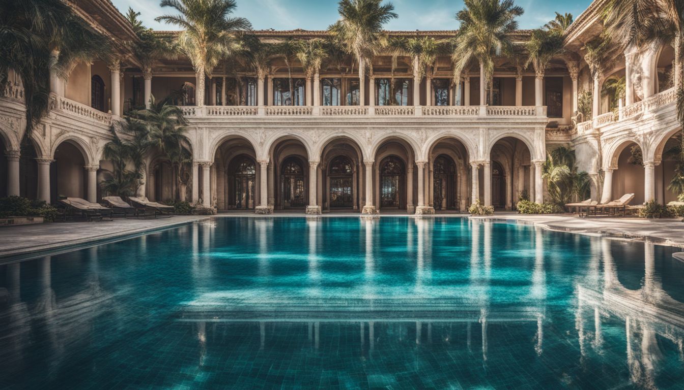 A luxurious swimming pool at The Palace with sparkling blue water and palm trees in the background.