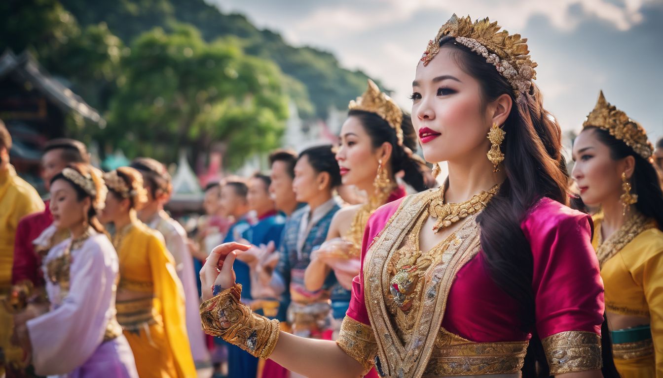A diverse group of tourists watch a traditional Thai dance performance in a bustling cityscape.