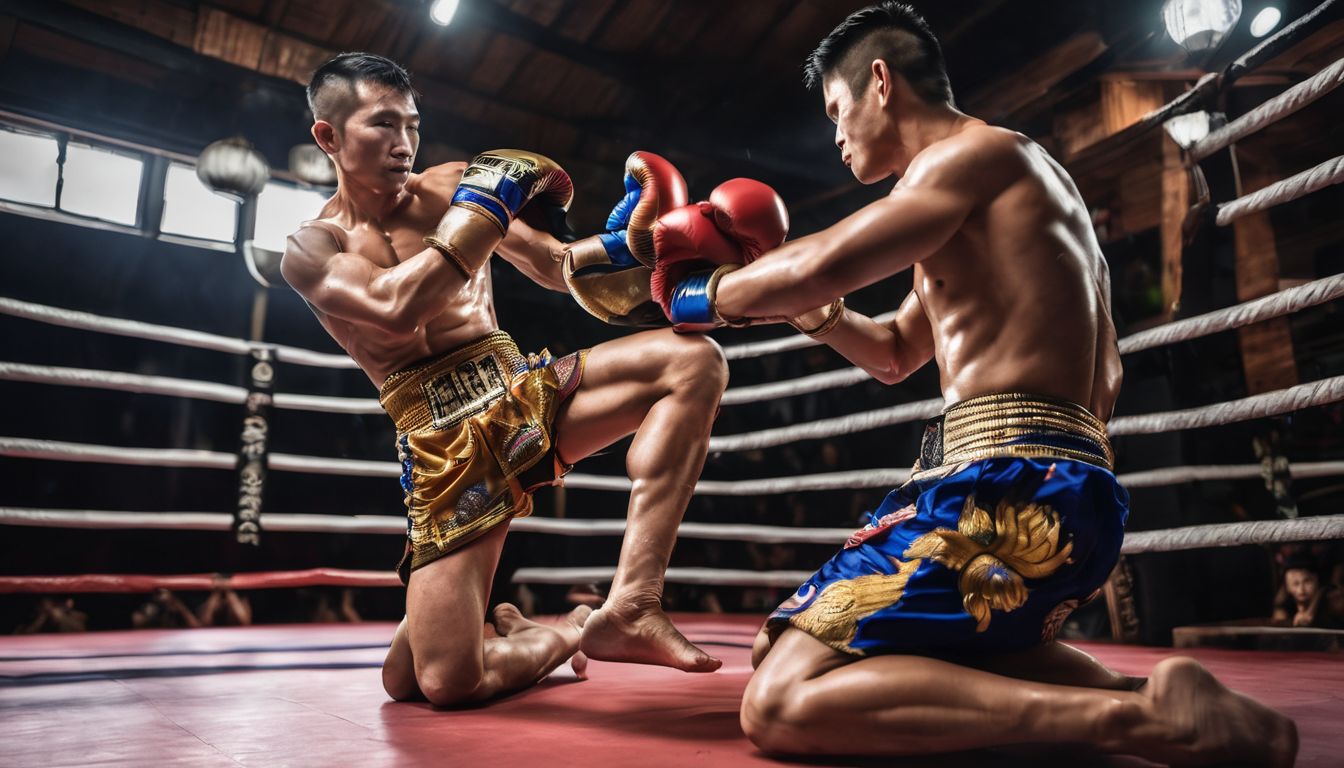 A Muay Thai trainer presents a sacred Mongkhon to their student in a traditional Thai gym.