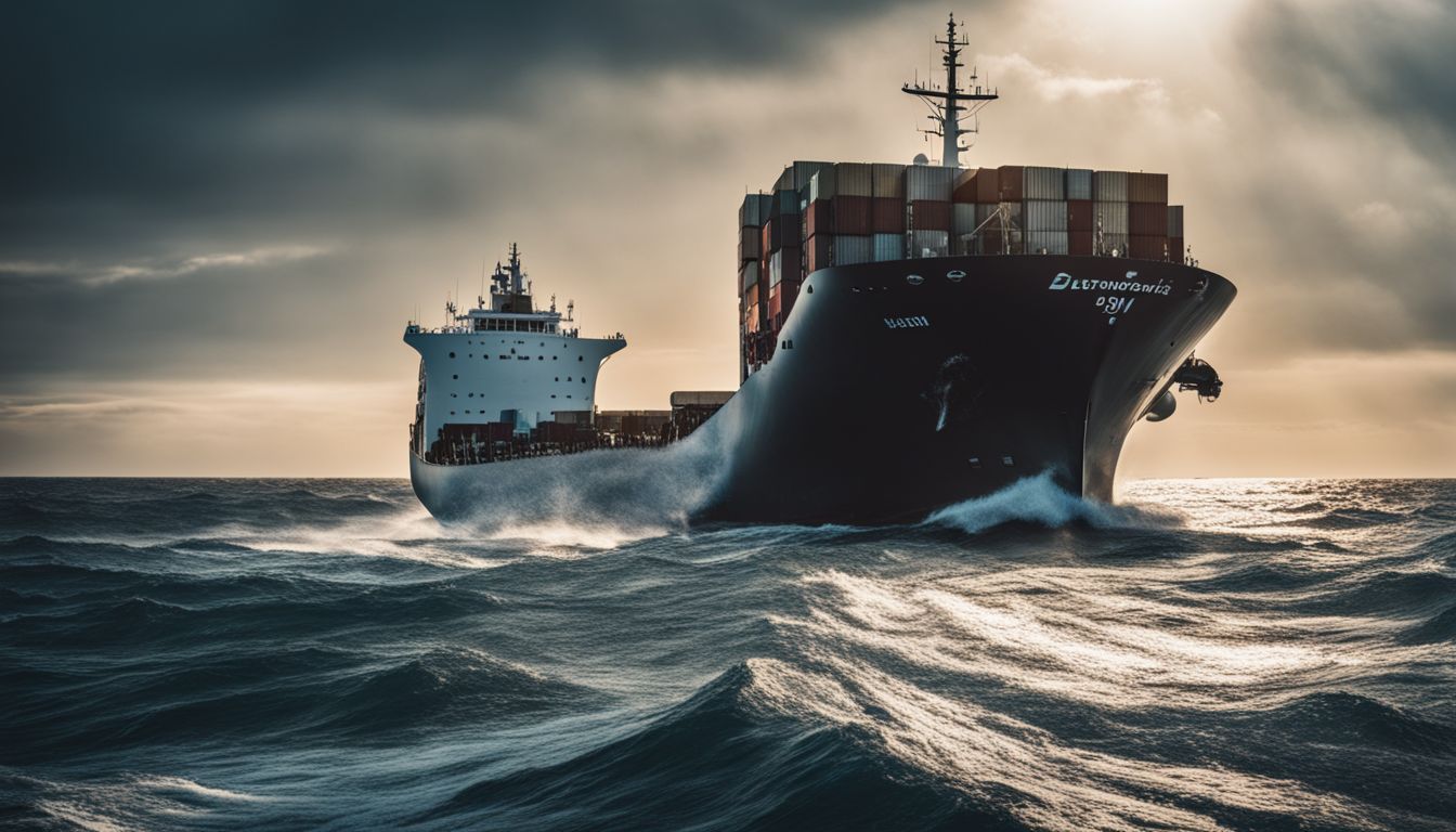 A cargo ship sails across the open ocean in a bustling atmosphere, captured with stunning clarity and cinematic quality.
