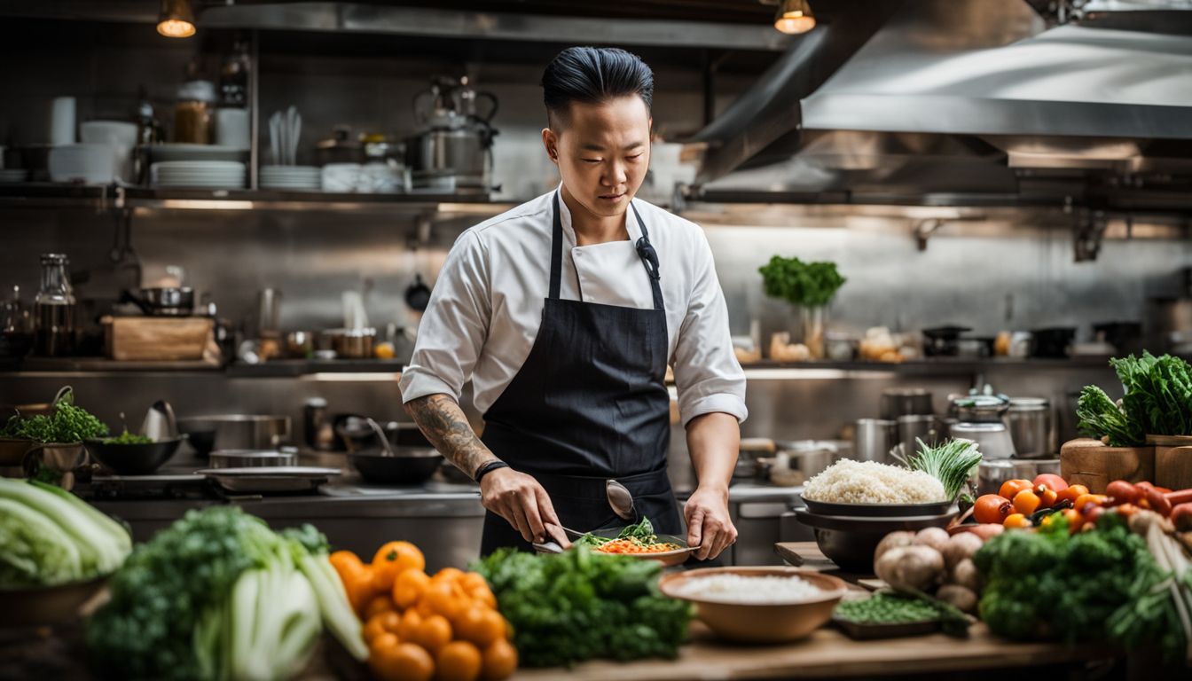A Thai chef in a busy kitchen surrounded by fresh ingredients and cooking utensils, capturing the vibrant atmosphere.