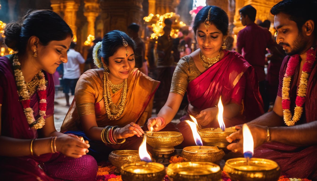 A diverse group of Hindus celebrate religious festivities in a beautifully decorated temple.