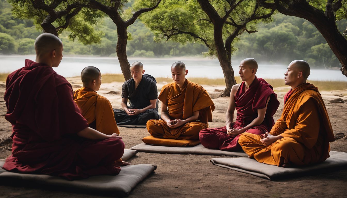 A group of meditating monks surrounded by tranquil nature in a bustling atmosphere.