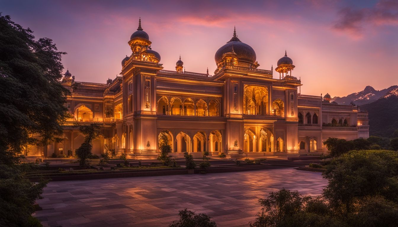 A photo of the Tajhat Palace at twilight, showcasing its stunning architecture and bustling atmosphere.