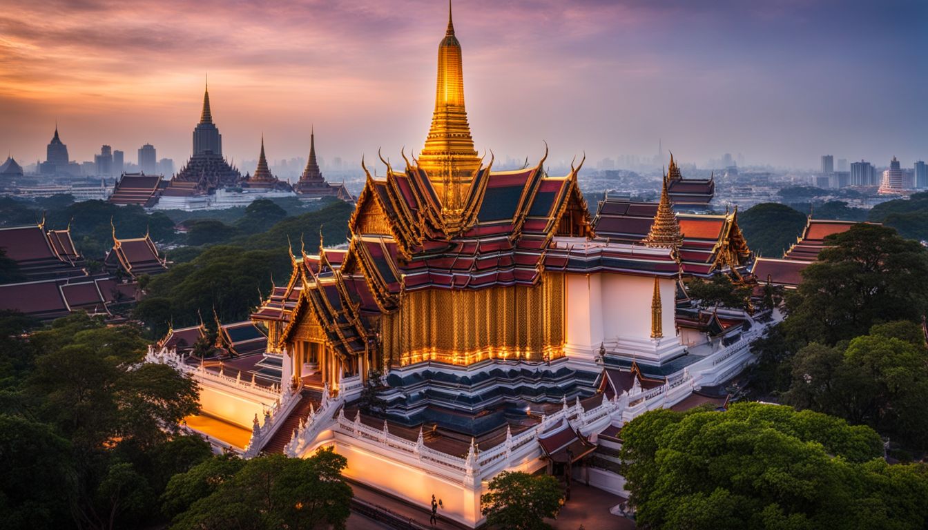 A photo of the Temple of the Emerald Buddha at sunrise, featuring intricate architectural details and a bustling atmosphere.