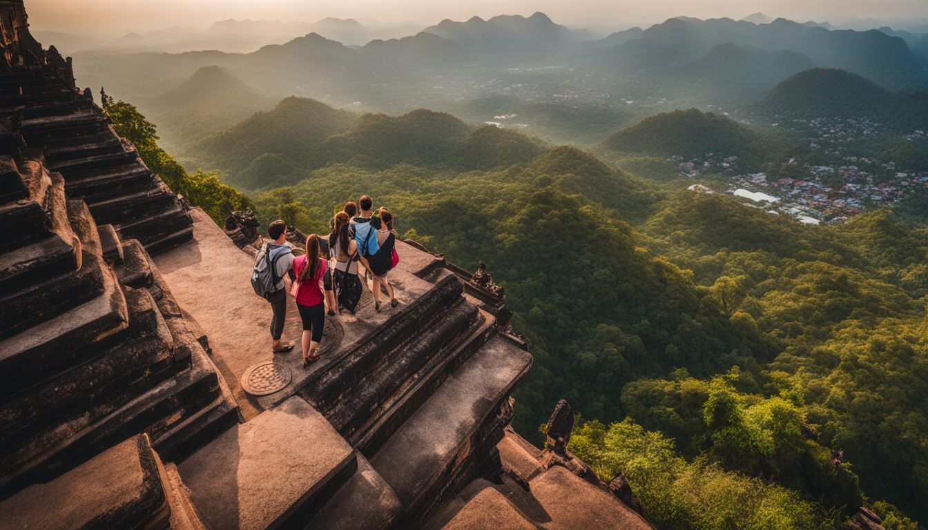 Visitors enjoy the stunning view from the top of Wat Phu Tok in a bustling atmosphere.