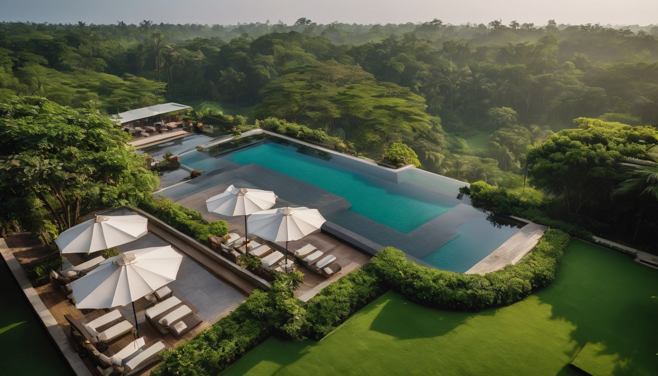 A stunning photo of lush gardens and a luxurious swimming pool at a top luxury hotel in Bangladesh.
