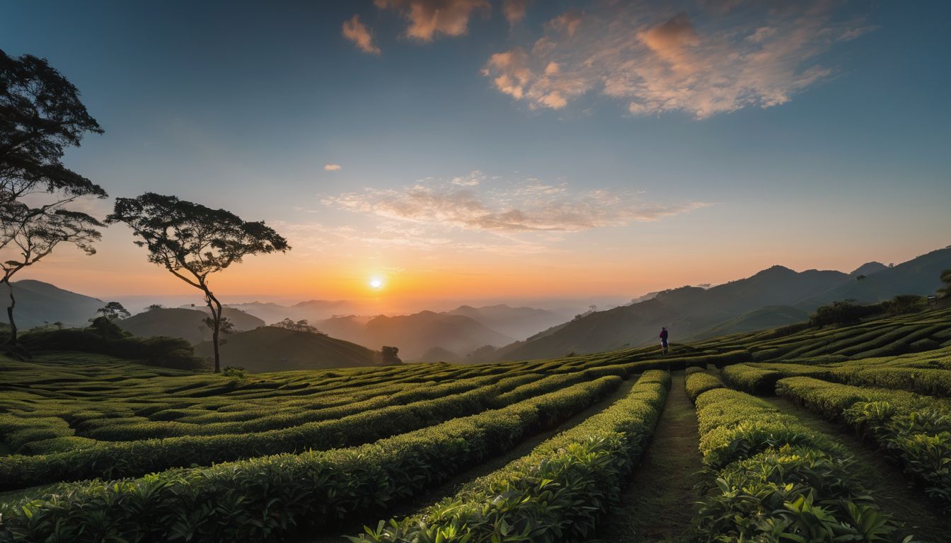 A person is watching the sunrise over tea gardens in a bustling atmosphere with varied individuals and scenery.