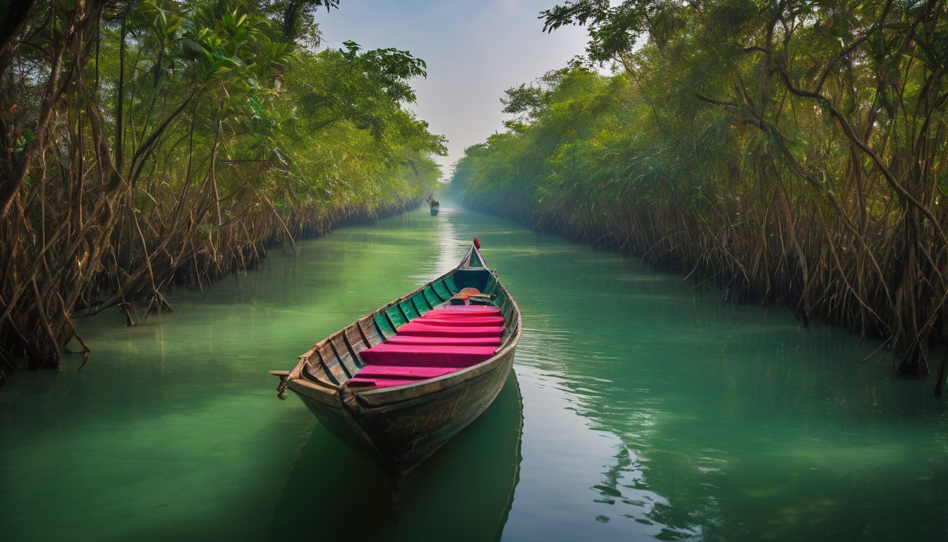 A vibrant traditional boat floats on serene waters in the Sundarbans, capturing the bustling atmosphere of wildlife photography.