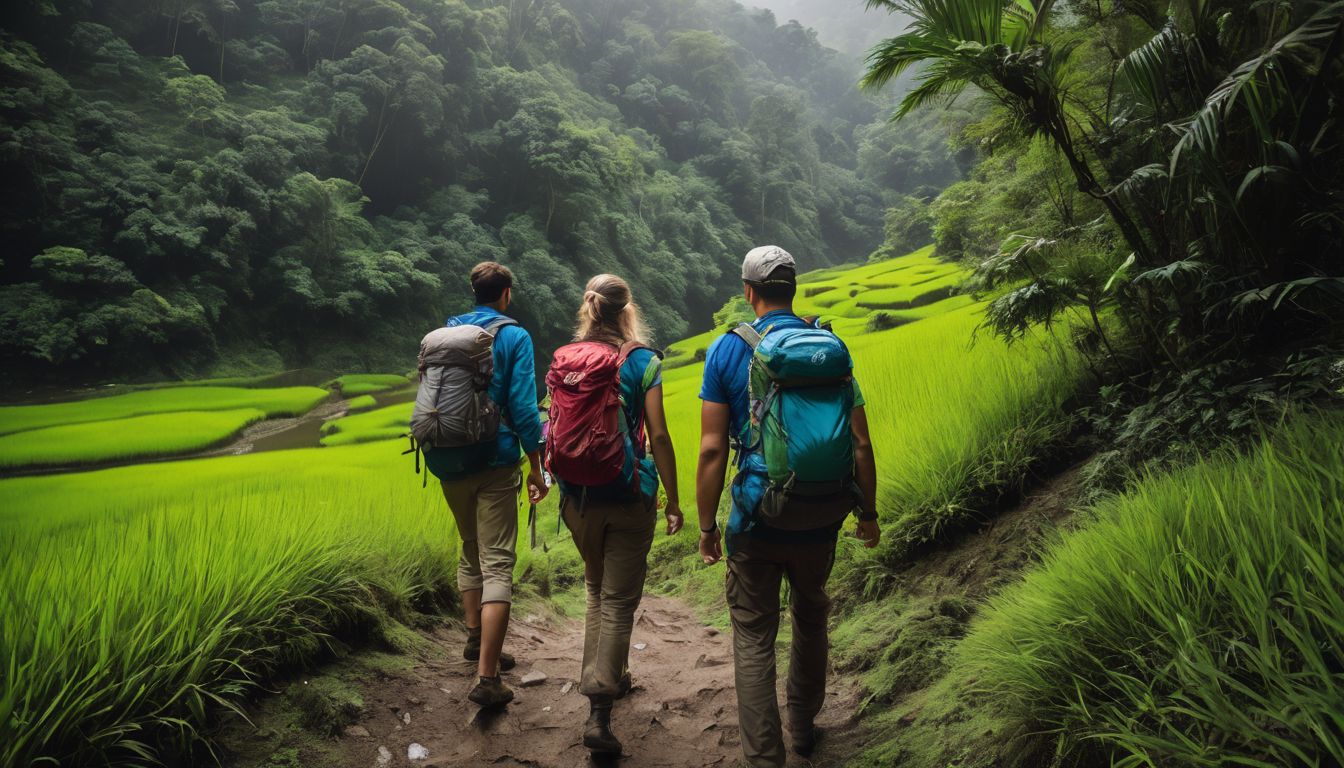 A diverse group of hikers explore the lush landscapes of Rangamati in a well-lit and bustling atmosphere.