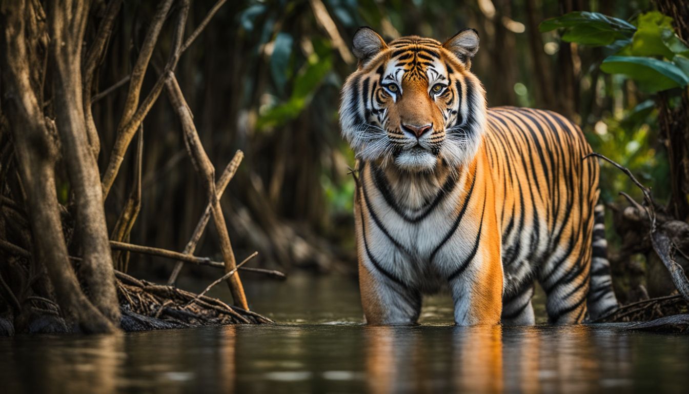 A Royal Bengal Tiger stands proudly in a dense mangrove forest, captured in stunning detail and clarity.