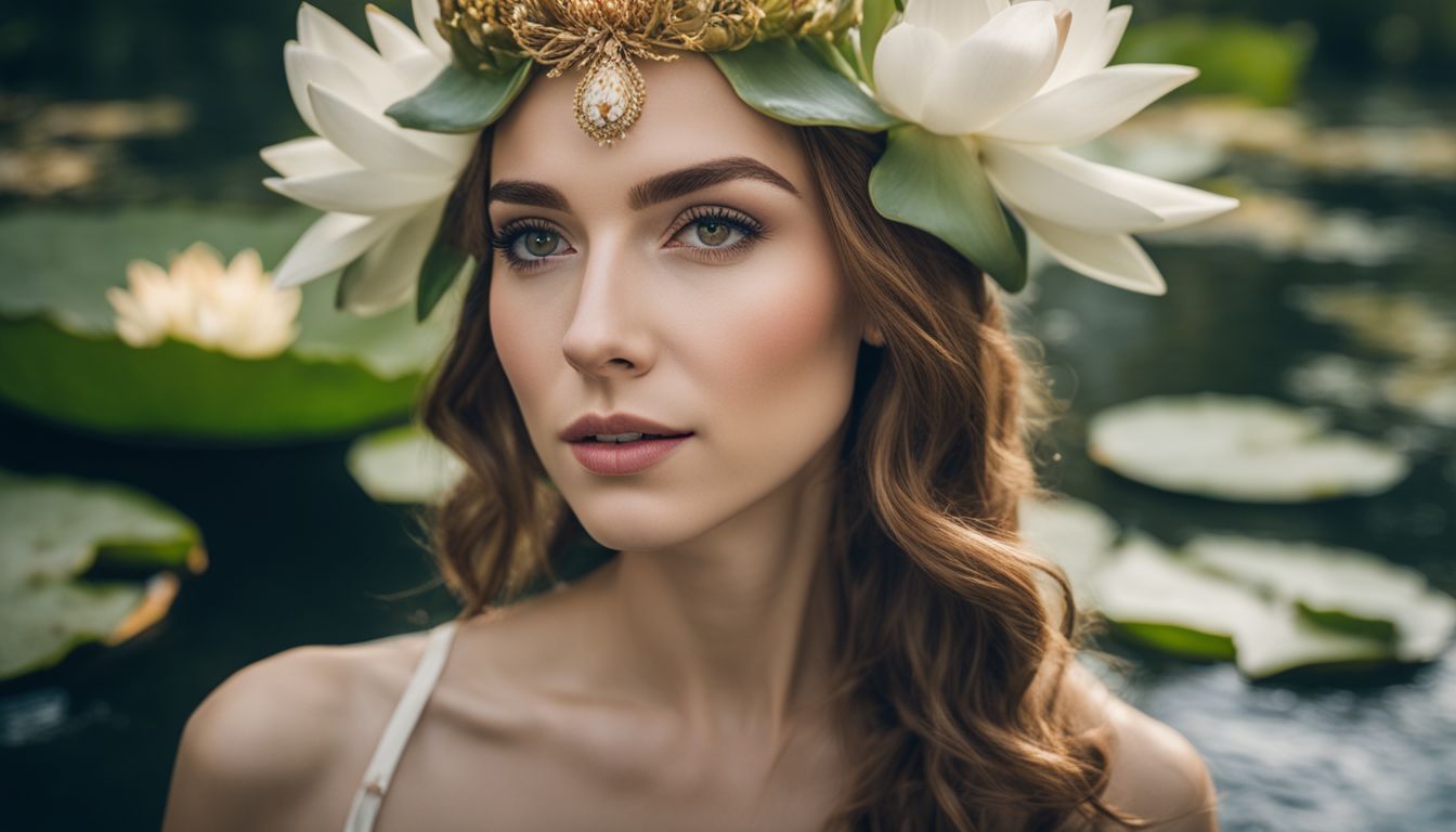 A woman wearing a white water lily crown poses in a serene water garden surrounded by nature.