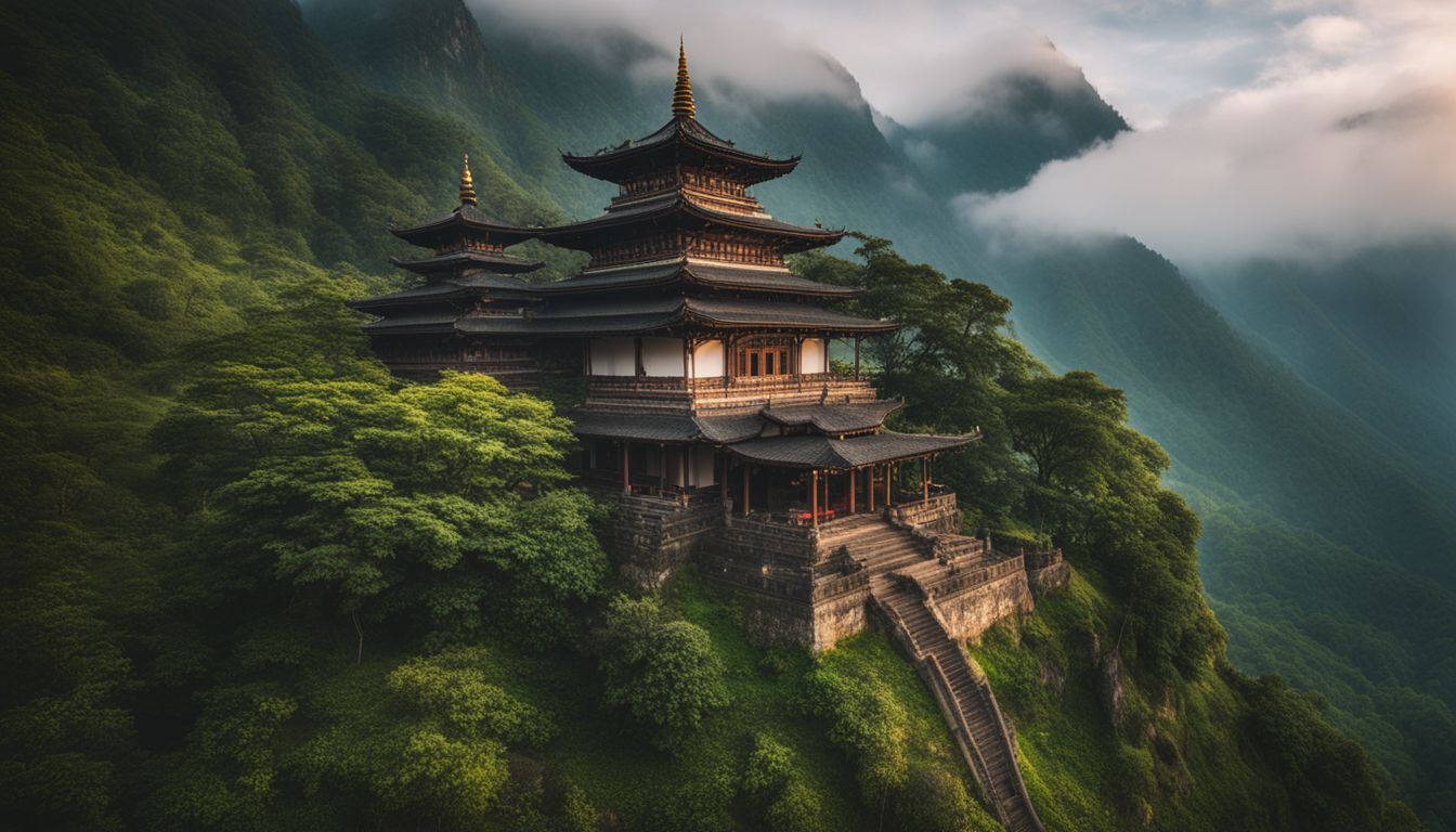 A stunning temple in the misty mountains surrounded by lush greenery and a bustling atmosphere.