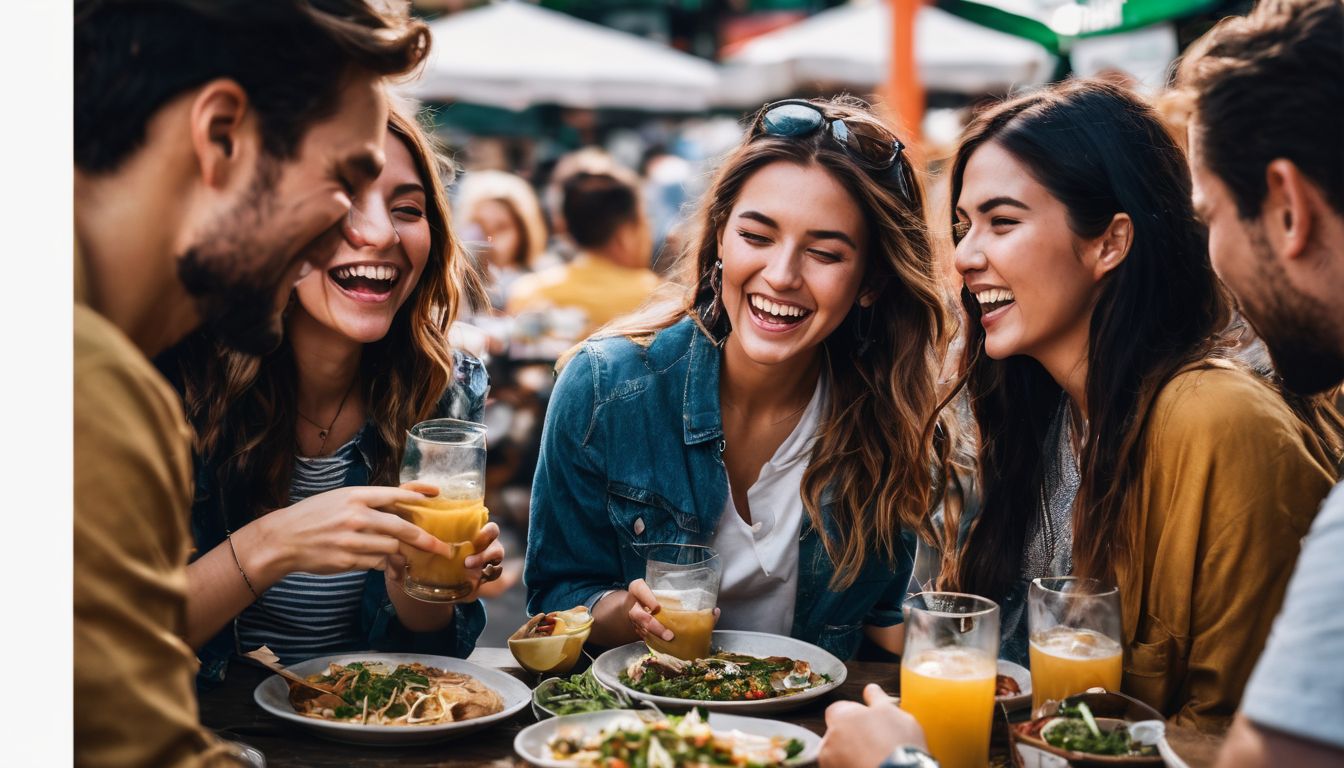 A group of diverse friends are enjoying a meal together at a lively street food market.