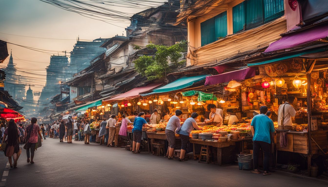 A vibrant outdoor street scene with colorful Thai food stalls and bustling activity.