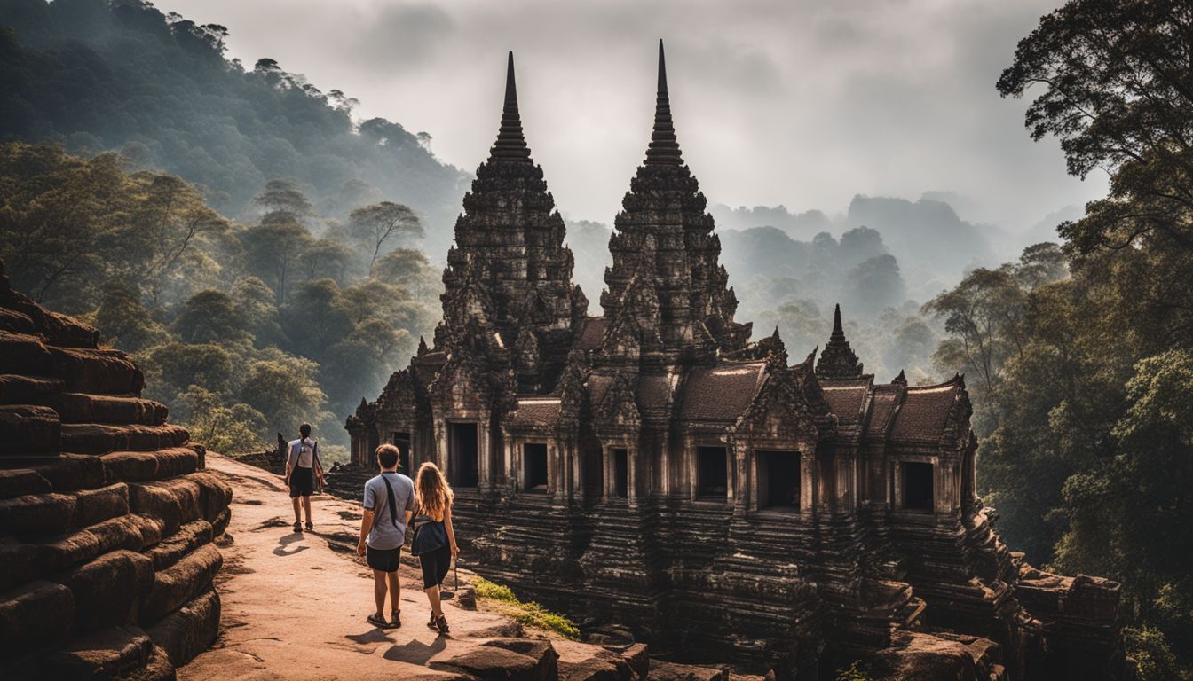 Three tourists explore the intricate details of Khmer-style prangs in a bustling atmosphere.
