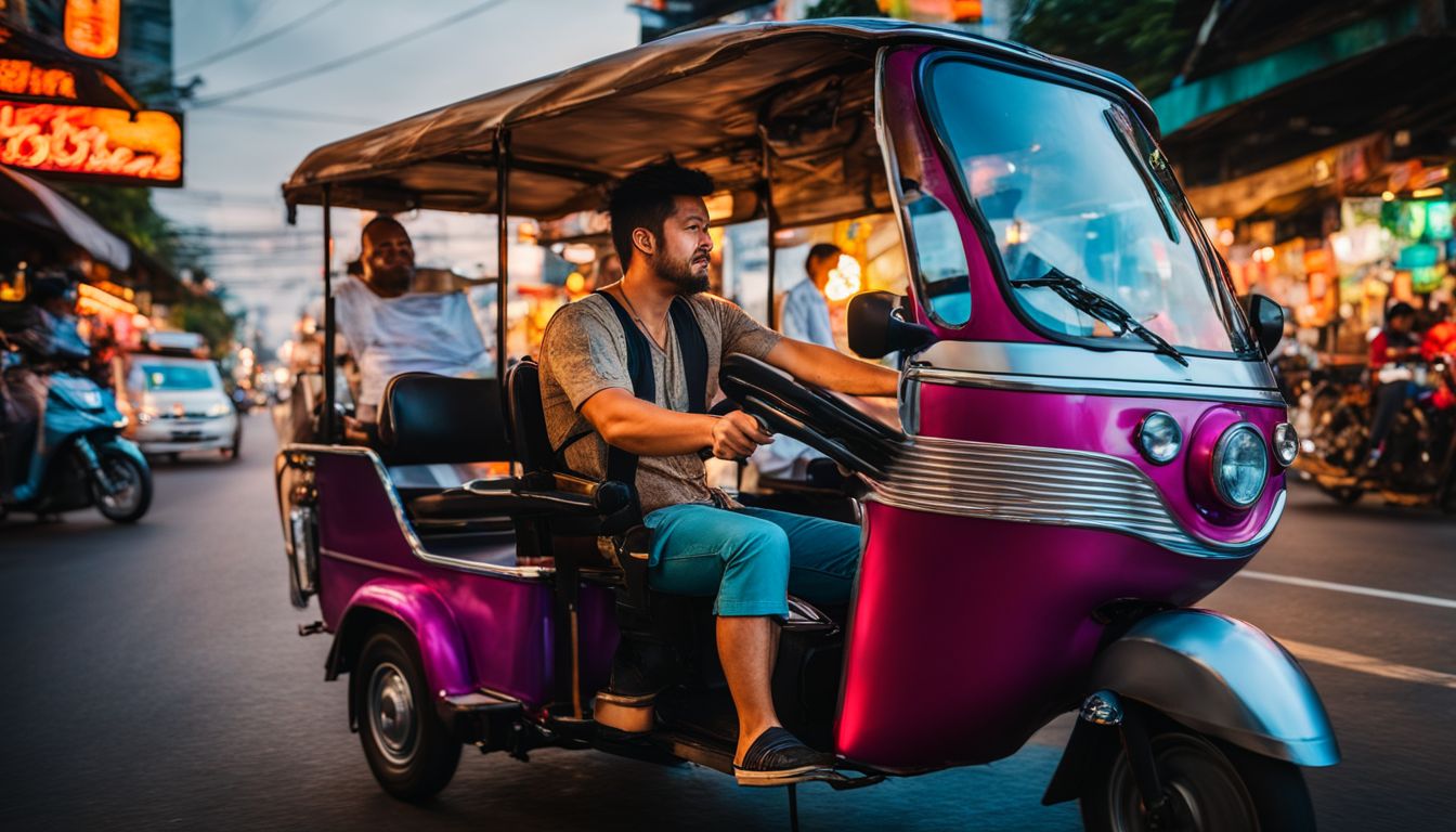 A traveler explores the vibrant streets of Bangkok on a tuk-tuk, capturing the bustling atmosphere and diverse faces.