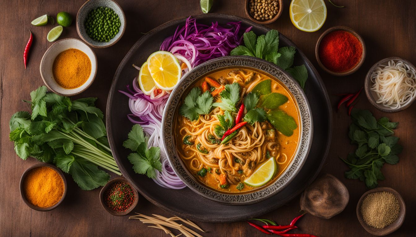 A photo of a delicious steaming bowl of Khao Soi Lam Duan surrounded by spices and herbs.