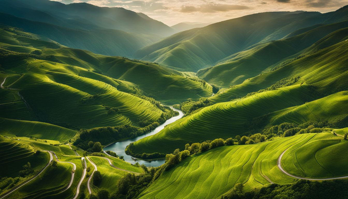 A stunning aerial view of a lush green valley with winding roads and picturesque landscapes.