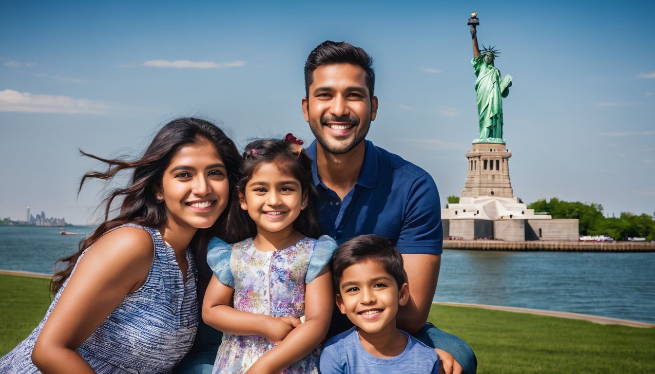 A Bangladeshi family poses happily in front of the Statue of Liberty.