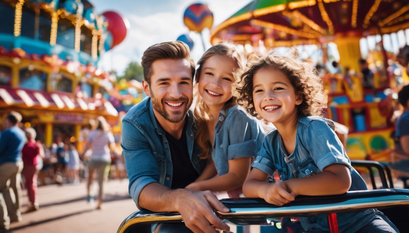 A diverse family enjoying a fun-filled day at an amusement park, capturing joyful moments.