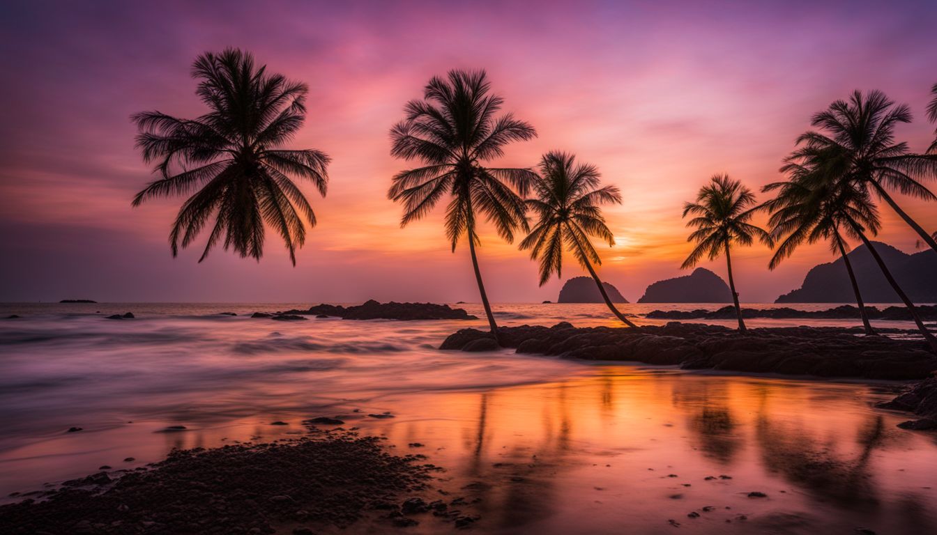 A picturesque sunset scene on Hat Pak Meng Beach featuring palm trees and a variety of people.