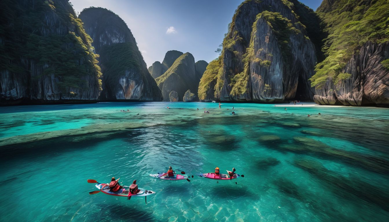 A diverse group of snorkelers explores the crystal clear waters of Maya Bay in a bustling atmosphere.
