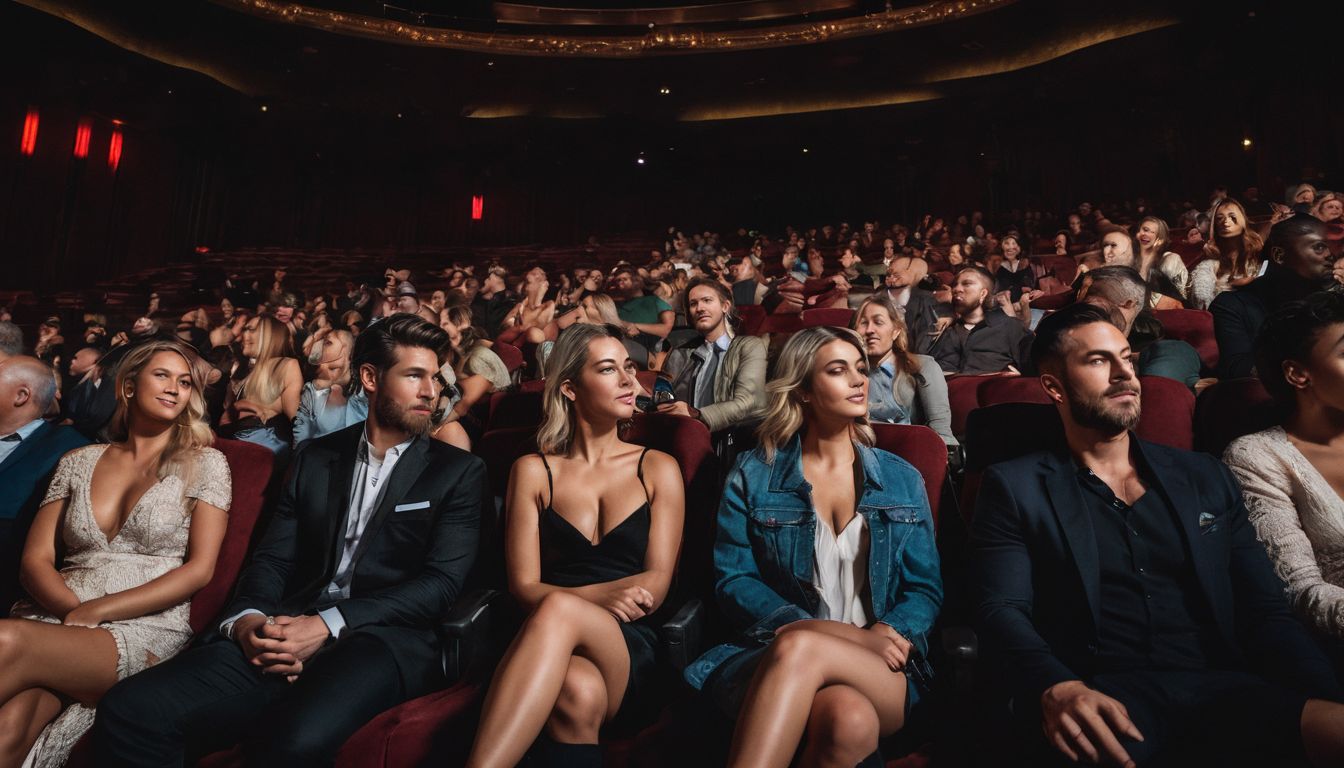A diverse group of individuals watch a nude show in a crowded theater.