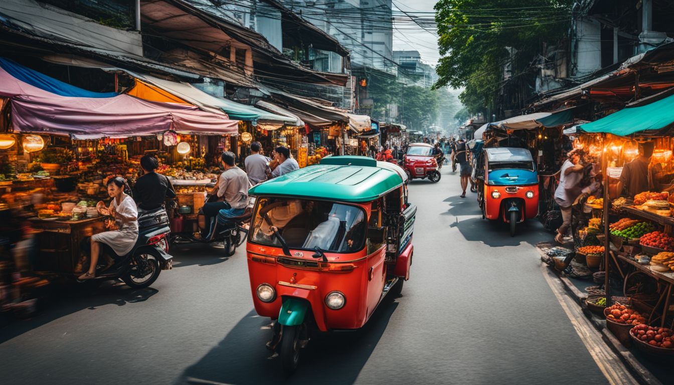 A vibrant street in Bangkok filled with bustling activity, colorful tuk-tuks, and street food stalls.
