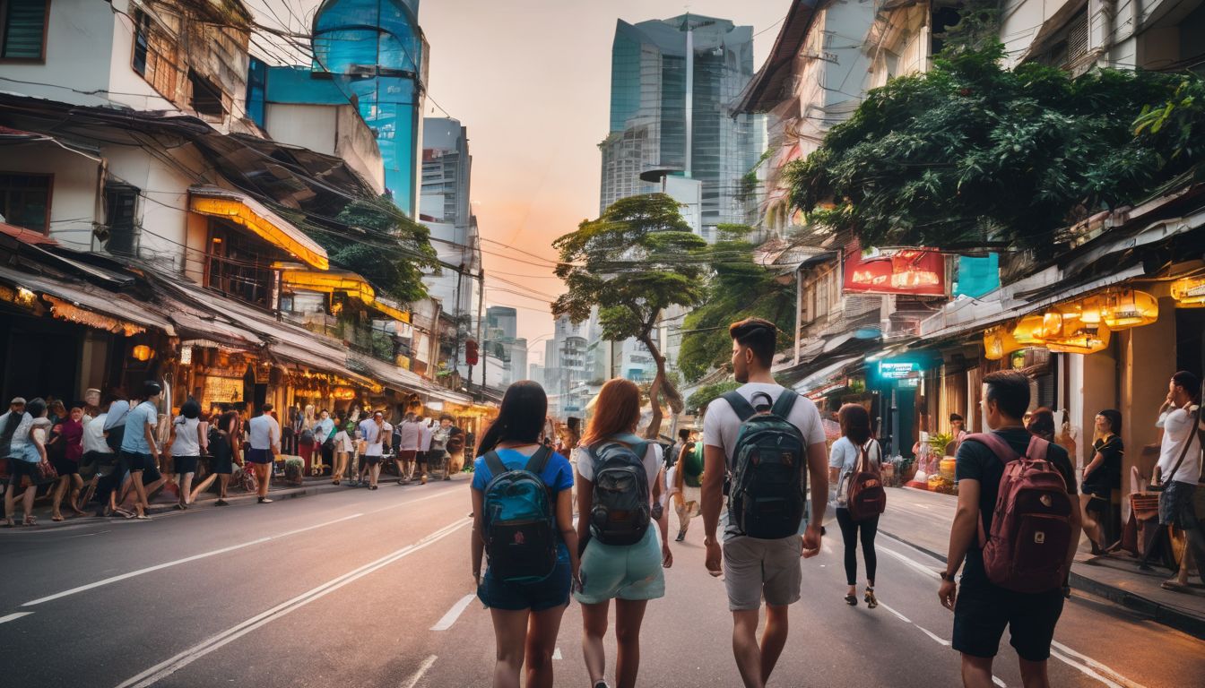 A group of diverse tourists are exploring the bustling streets of Bangkok in this vibrant cityscape photograph.