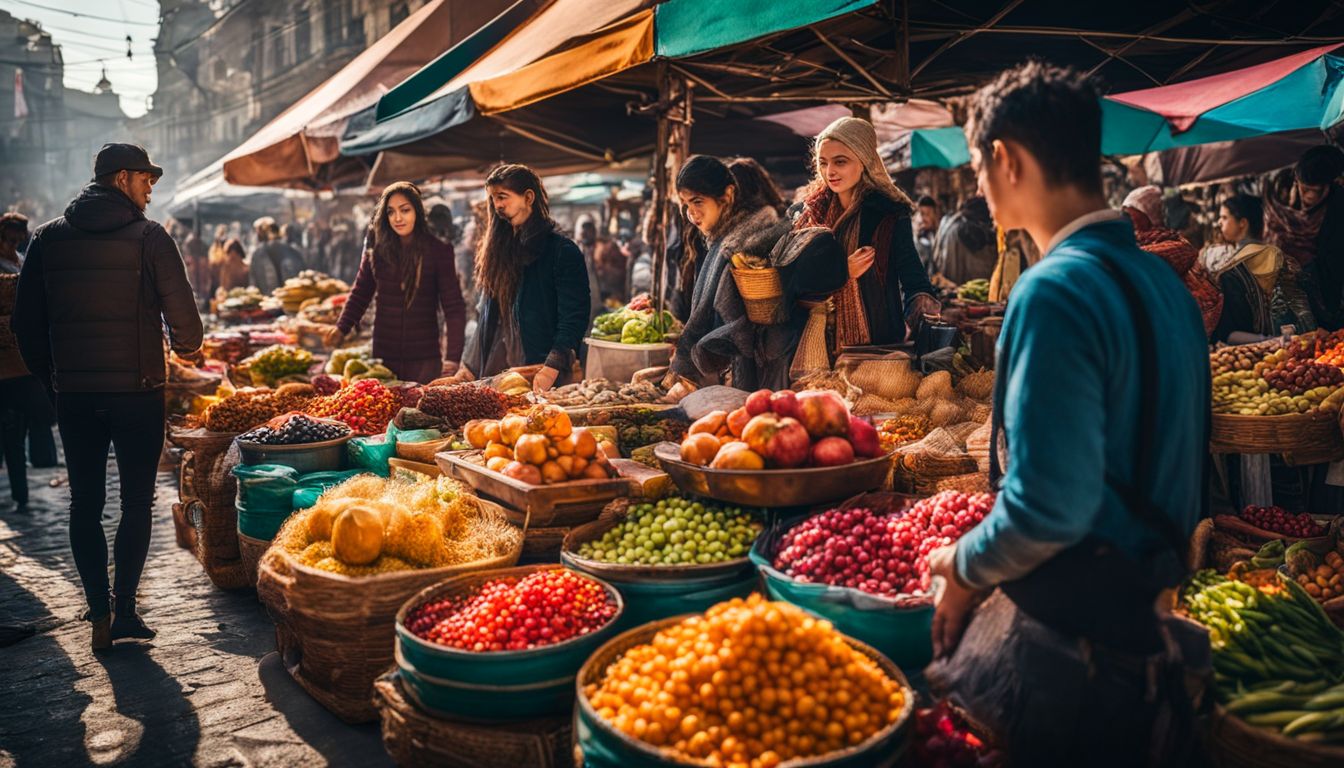 A vibrant street market with diverse vendors selling local goods in a bustling atmosphere.