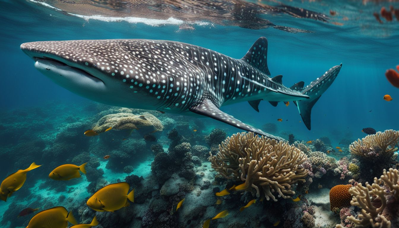 A stunning photograph of a whale shark swimming among colorful coral reefs in crystal clear turquoise waters.
