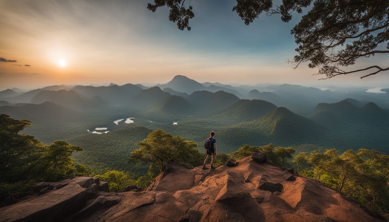 A hiker stands at the summit of Wat Phu Tok, admiring the breathtaking views and bustling atmosphere.