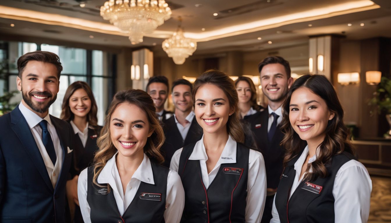 A group of hotel staff members enthusiastically welcome guests in a luxurious lobby.