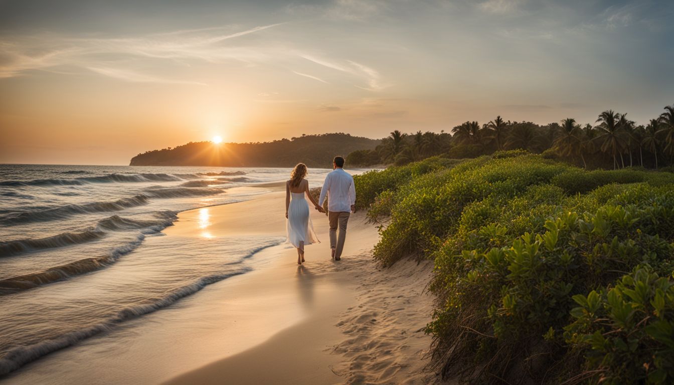 A couple enjoys a romantic sunset walk on a secluded beach at Tolani Resort Kui Buri.
