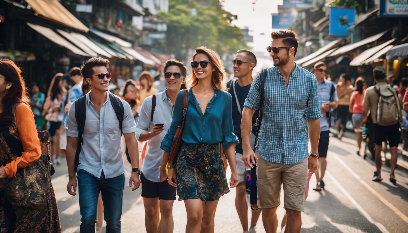 A diverse group of tourists explore the vibrant streets of Bangkok, captured with high-quality equipment.