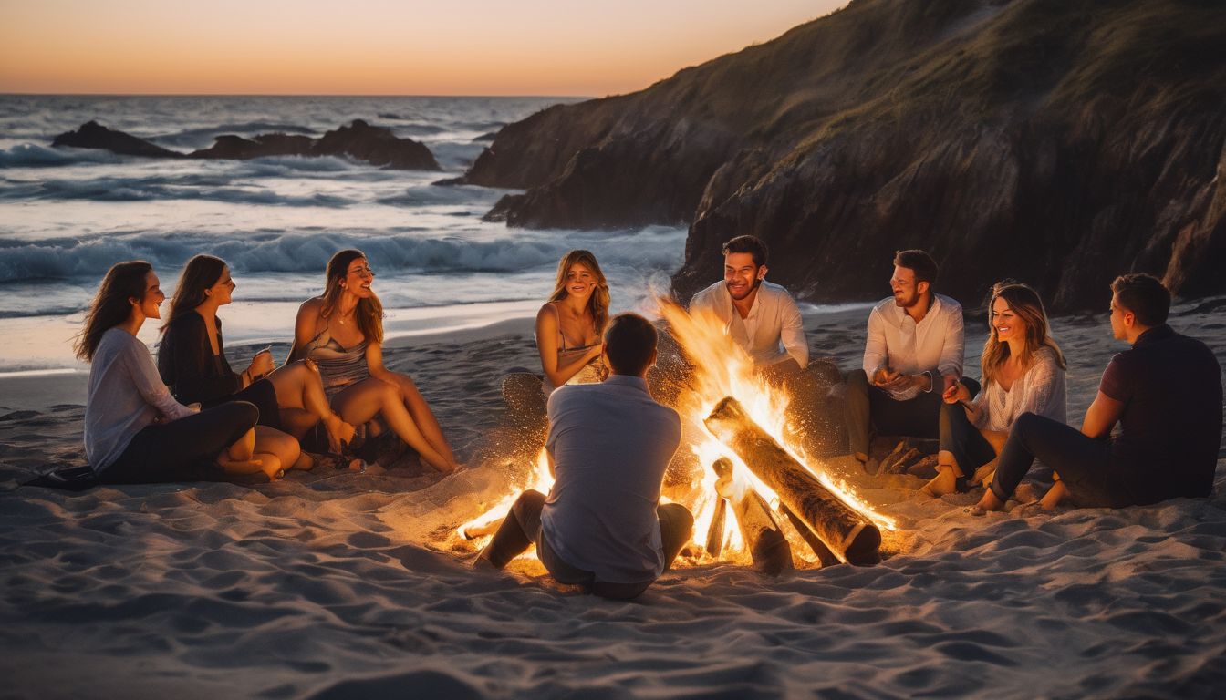 A diverse group of friends gather around a beach bonfire at sunset, creating a lively and enjoyable atmosphere.
