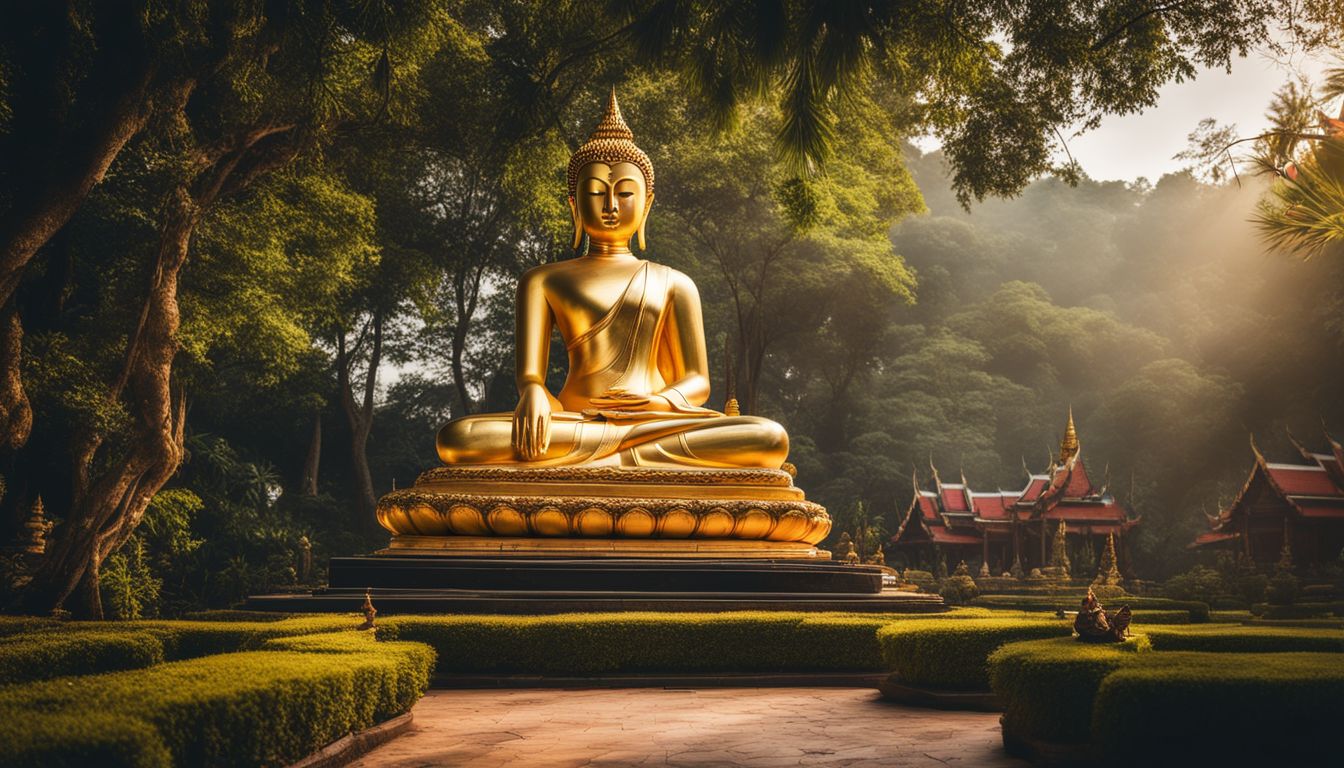The photo depicts a serene garden with a golden Buddha statue in <a href=