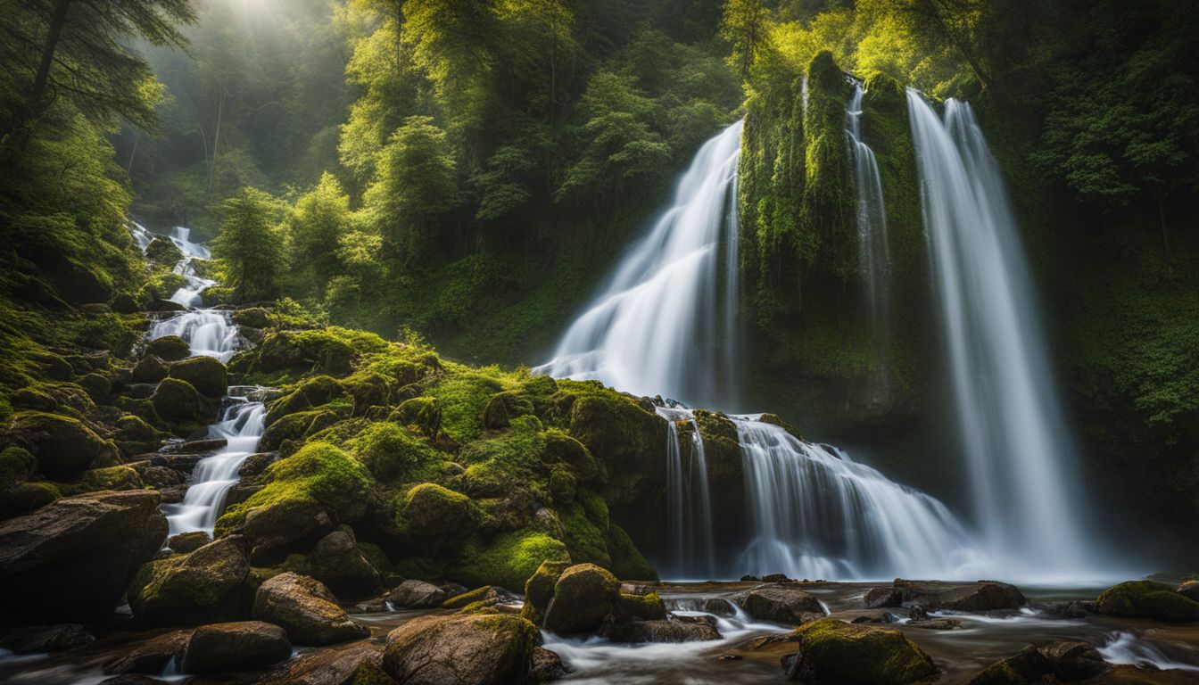 A stunning photo of a majestic waterfall surrounded by a vibrant mountain landscape.