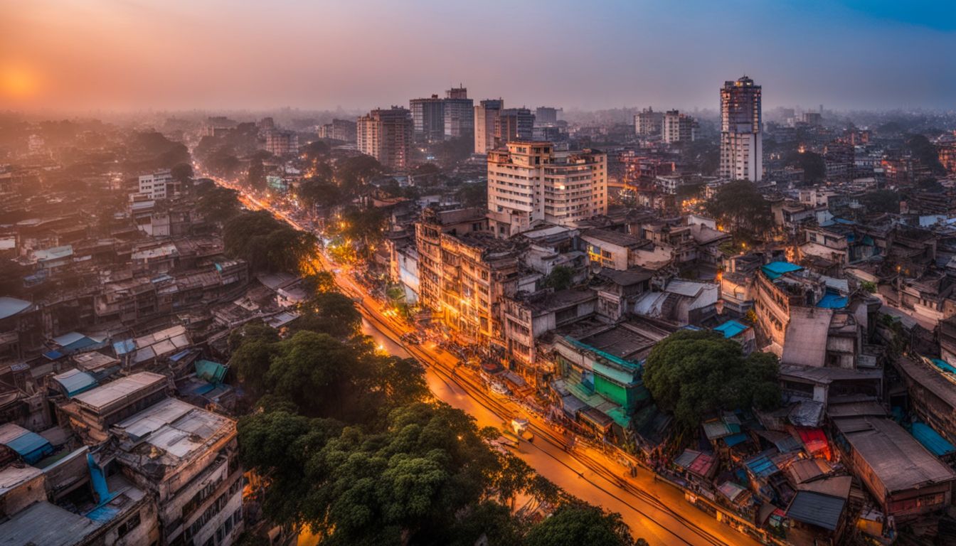 A panoramic view of the vibrant cityscape of Dhaka at sunset showcasing its bustling atmosphere and diverse population.