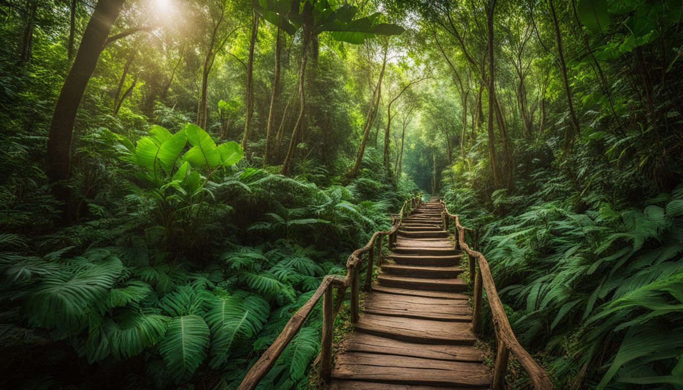 A vibrant jungle trail in Thailand's top hiking destination, captured in a stunning photograph with diverse individuals and lush green foliage.