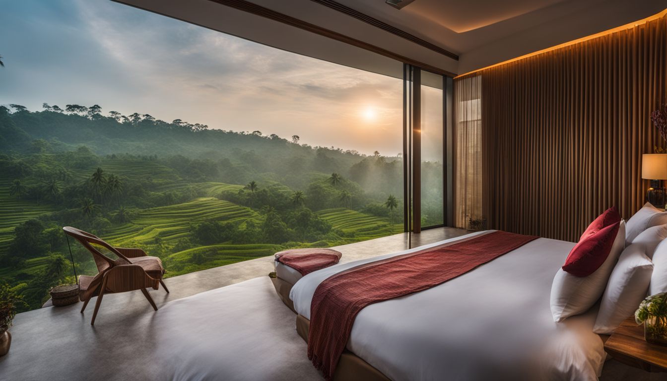 A photo of a luxurious hotel room with a stunning view of Bangladesh's lush landscapes.
