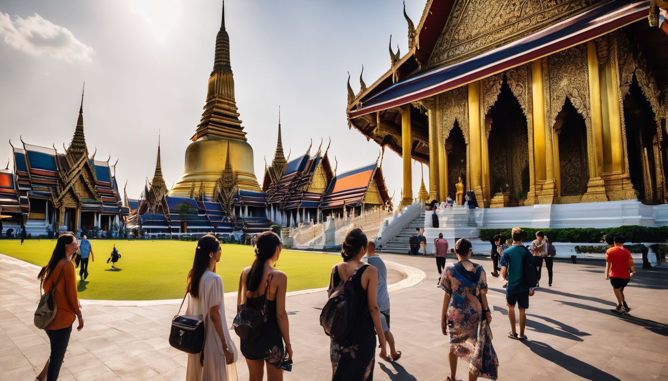 A group of friends marvel at the Temple of the Emerald Buddha in a bustling atmosphere.