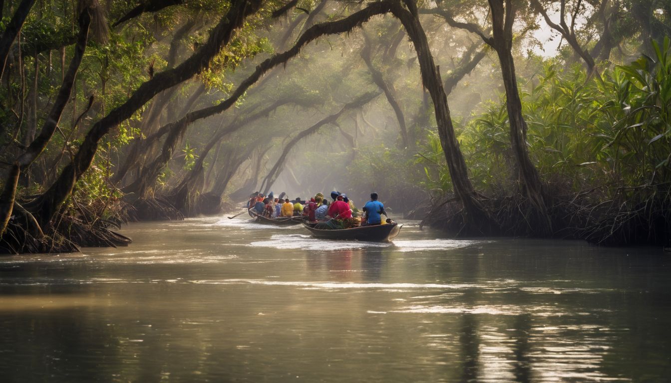 A diverse group of tourists explores the natural beauty of Sundarbans National Park.