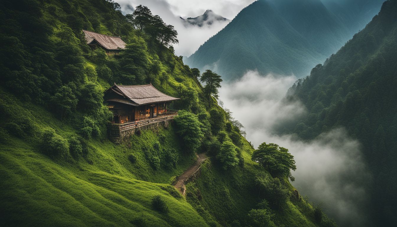 A stunning photograph of Nilachal, a picturesque mountain peak surrounded by lush greenery and mist-covered landscapes.
