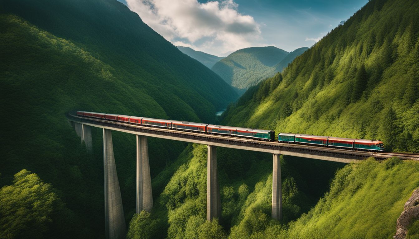 A train crosses a scenic bridge in the midst of lush green mountains.